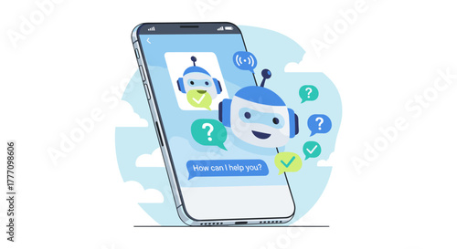 A friendly chatbot interacts on a smartphone screen, offering assistance with a smiling face and speech bubbles, ready to help.