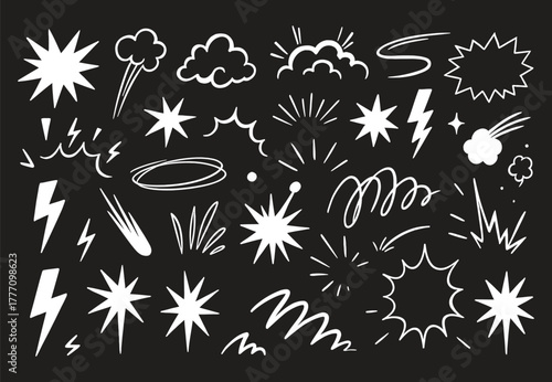 Comic explosion boom set featuring black and white pop art elements, speech bubbles, lightning, clouds, energy blasts, and action effects. Perfect for cartoon design