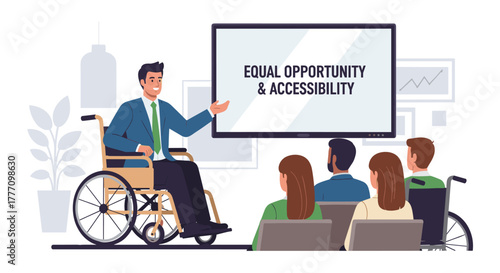 A motivational speaker in a wheelchair presents on equal opportunity and accessibility to a diverse audience during a seminar.