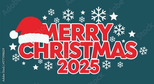 Festive Merry Christmas 2025 Illustration with Santa Hat and Snowflakes