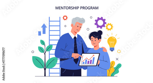 A mentor guides a mentee, pointing at a tablet displaying a financial growth chart, symbolizing guidance and business development.