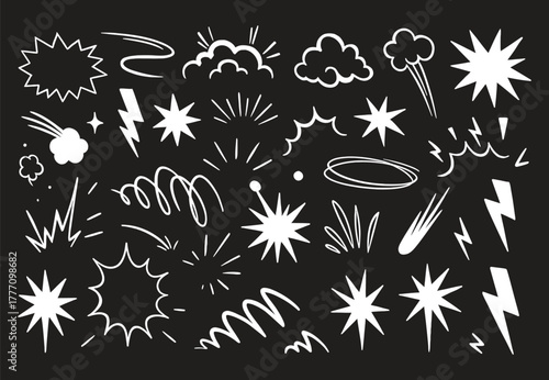 Comic explosion boom set featuring black and white pop art elements, speech bubbles, lightning, clouds, energy blasts, and action effects. Perfect for cartoon design