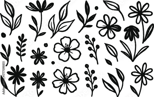 Flower brush hand drawn vector set. Hand drawn doodle flower, floral leaf elements in brush stroke ink style. Simple abstract botanical silhouette set for nature black paint art.