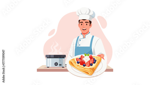 A cheerful chef presents a delicious crepe filled with fresh berries and whipped cream, a delightful culinary creation.