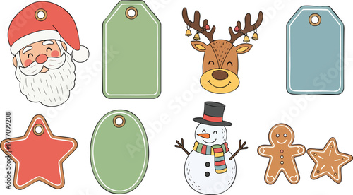 Festive Christmas characters and gift tags bring holiday cheer to your seasonal designs, perfect for cards, banners, and joyful digital creations