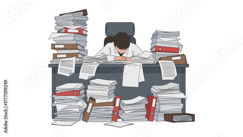 An overwhelmed office worker rests her head on a cluttered desk, surrounded by piles of paperwork and files, depicting stress and workload.
