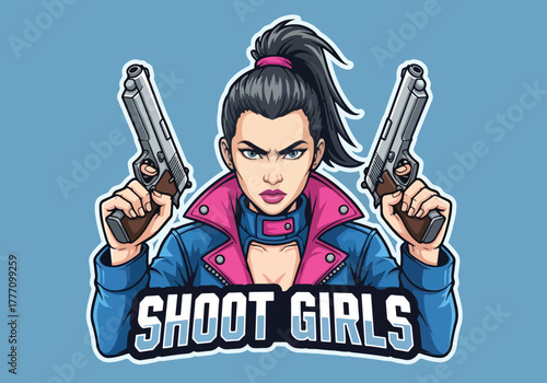 Action gamer girl logo with dual pistols "shoot girls" - Gaming logo - Gaming Mascot - esport mascot vector illustration
