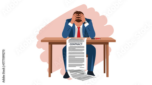 A stressed businessman sits at a desk, overwhelmed by a lengthy contract, illustrating business pressure and financial worry.