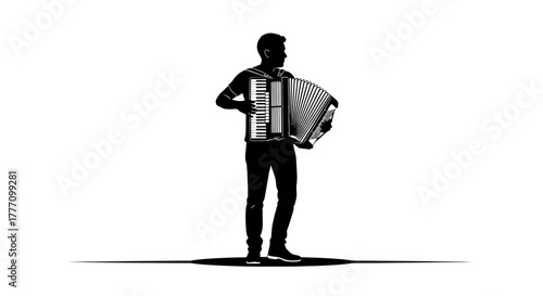 Dynamic silhouette of a man passionately playing an accordion, bringing music to life with every note, perfect for event posters, cultural celebrations, and musical performances