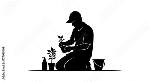 Dedicated gardener carefully planting seedlings in pots, symbolizing growth, nature, and sustainable living for a vibrant eco friendly future
