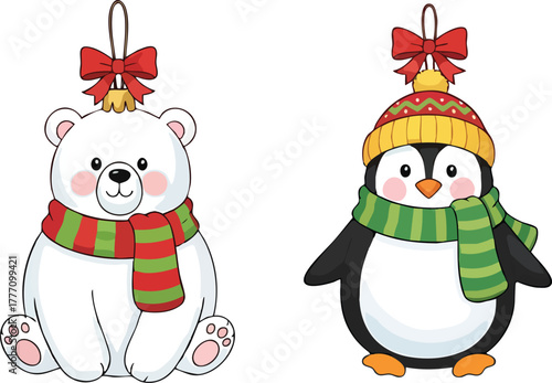 Festive polar bear and penguin ornaments bring holiday cheer to your designs with their sweet expressions and vibrant scarves for winter projects