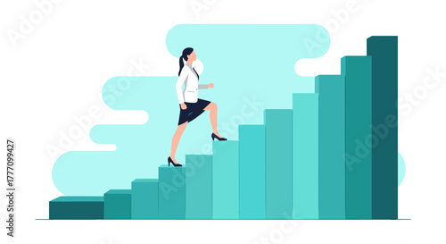 A determined businesswoman climbs a staircase, symbolizing career advancement and achieving goals with effort and perseverance in a competitive environment.