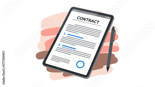 A digital tablet displays a contract document with a pen, against a backdrop of abstract brushstrokes, representing agreement and business transactions.