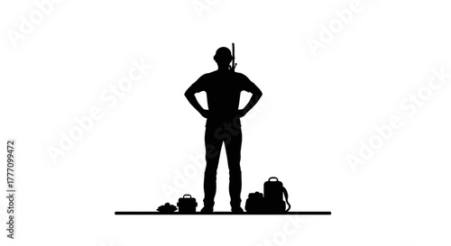 Confident hiker stands ready with backpack and gear, embracing the spirit of adventure and exploration for outdoor journeys and wilderness expeditions.