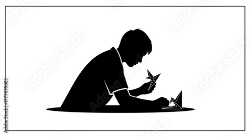 Young person meticulously folds origami crane, symbolizing patience, creativity, and the art of paper craft, a moment of focused concentration for mindful expression and artistic hobby.