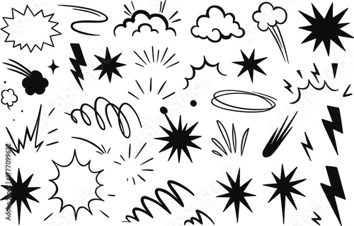 Line speed cartoon effect, boom explosive motion line element set. Comic boom burst, explosive smoke, line speed cartoon vector icon. Hand drawn sketch doodle action effect. 