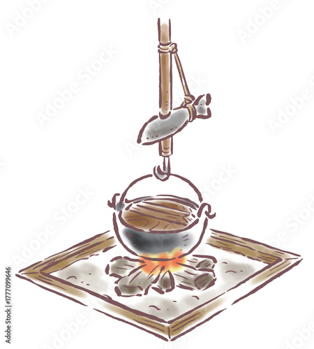 囲炉裏での調理　淡くてやさしいタッチの手描きイラスト