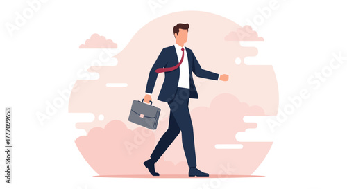 A well-dressed businessman strides confidently, carrying a briefcase, against a soft, abstract background, symbolizing professional success and ambition.