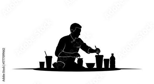 Foto Skilled chef meticulously prepares ingredients and beverages in a modern culinary setting, showcasing dedication to food preparation and presentation for discerning palates