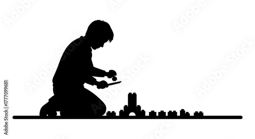 Creative silhouette of a child building a toy castle, inspiring imagination and development, perfect for educational materials and childhood themes, a nostalgic and heartwarming vector design
