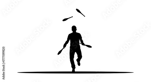 Dynamic silhouette captures a skilled juggler in mid performance, expertly tossing pins with fluid motion, embodying concentration and mastery in a striking artistic representation.