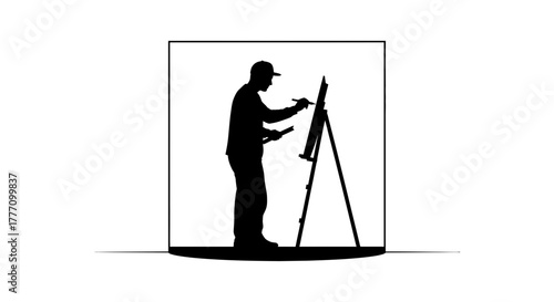Artist diligently creating masterpiece on easel, capturing creative process and artistic passion in a simple, clean silhouette, symbolizing inspiration and dedication