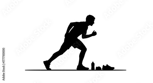 Dynamic runner in silhouette powering through a workout with water bottle and running shoes nearby, capturing peak fitness and athletic achievement for active lifestyle marketing.