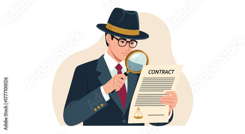 A detective in a hat and glasses examines a contract with a magnifying glass, focusing on the details of the legal document for investigation.