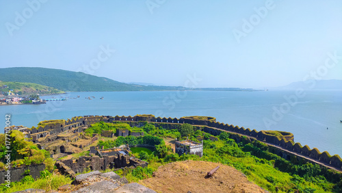 beautiful view in the south direction from the top of the janjira fort in murud in maharashtra india.