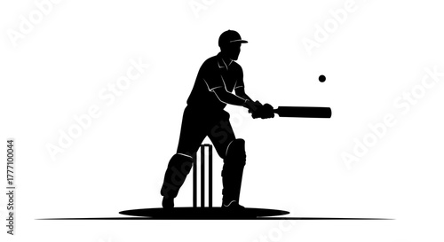 Dynamic batsman in action silhouette striking a cricket ball with intense focus, capturing the thrill of the game and athletic prowess in a bold, modern style perfect for sports branding.