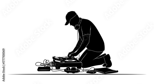 Captivating DJ skillfully mixing music on turntables, creating dynamic beats for an energetic crowd, perfect for event promotions and music-themed designs.