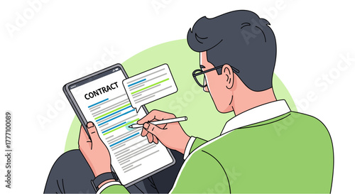 An illustration depicts a person reviewing and signing a contract on a digital tablet, symbolizing agreement and business dealings.