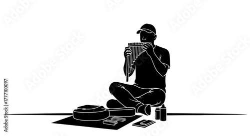 Musician performs enchanting melodies on pan flutes, surrounded by guitar case, harmonicas, and collection items, evoking a bohemian street art vibe.