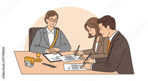 A notary public oversees a couple signing legal documents at a desk, symbolizing agreement and official transactions with a stamp present.