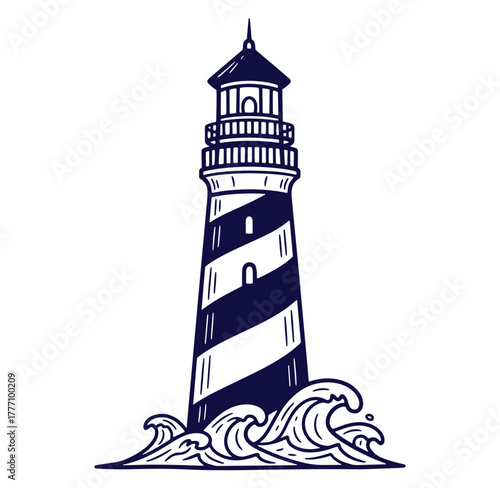 Classic nautical illustration of a lighthouse with swirling waves on a clean white background