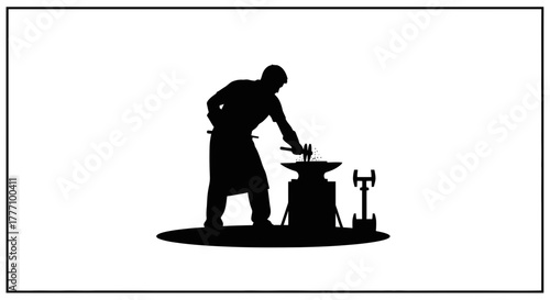 Skilled blacksmith silhouette shaping metal with hammer on anvil, showcasing traditional craft and industrial labor with dynamic energy and focused intensity