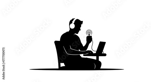 Dynamic creator wearing headphones, passionately crafting digital content with a laptop and microphone, embodying modern podcasting and online broadcasting.