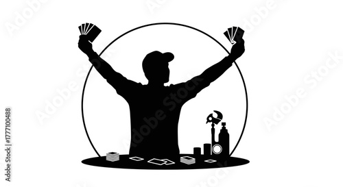 Triumphant gambler celebrates winning a hand with cards raised high, surrounded by game chips and bottles, symbolizing victory and success in a thrilling card game scenario.