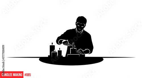 Dedicated artisan meticulously crafts candles, a symbol of tradition and focused creation, with warm glows illuminating the workspace