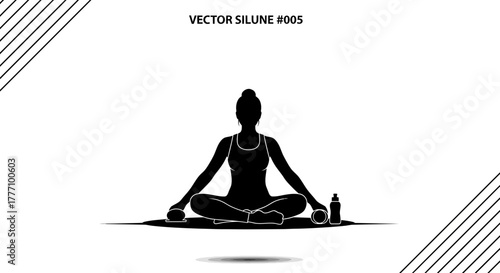 Serene silhouette of a woman meditating in lotus pose on a mat, embracing tranquility with yoga mat and water bottle nearby, symbolizing wellness and mindfulness