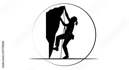 Dynamic silhouette of a determined woman scaling a rugged rock face, embodying adventure and overcoming challenges with grit and focus.