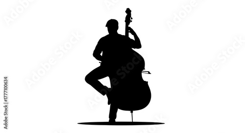 Dynamic musician masterfully plays upright bass, capturing the soulful essence of jazz and classical performance with elegant silhouette artistry and rhythmic passion.