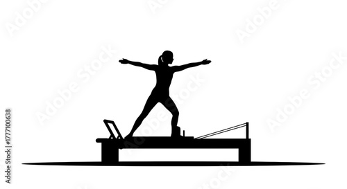 Dynamic silhouette of a woman performing a powerful Pilates reformer exercise, embodying strength, balance, and dedication to a healthy lifestyle.
