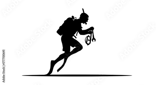 Dynamic diver in silhouette running with scuba gear and tools, ready for underwater exploration and marine engineering tasks