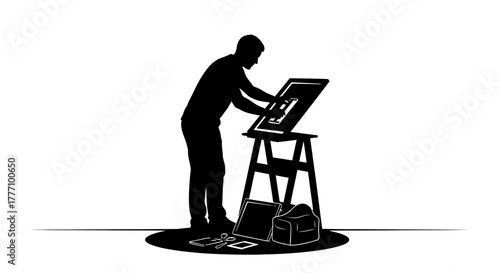 Artist meticulously crafting masterpiece on easel with art supplies nearby, capturing creative process and dedication to craft