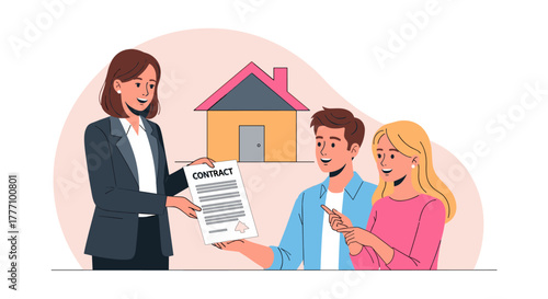 A real estate agent presents a contract to a happy couple, symbolizing homeownership and property investment in a friendly, illustrated scene.