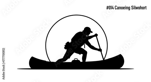 Dynamic silhouette of a determined canoeist paddling vigorously through serene waters, capturing the spirit of adventure and outdoor exploration.