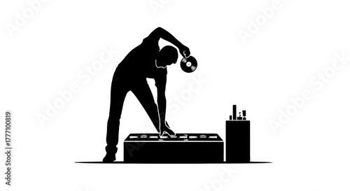 Dynamic DJ skillfully mixing beats and dropping vinyl for an electrifying music performance, capturing the energy of a live party atmosphere and dance club scene.