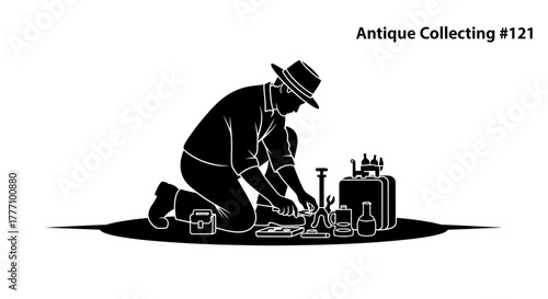 Dedicated collector meticulously examining vintage treasures with tools and magnifying glass, showcasing passion for history and discovery in a focused moment of appraisal.