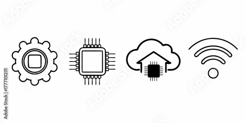 Illustration of a gear, chip, cloud with chip, and wifi icon in black and white outline style